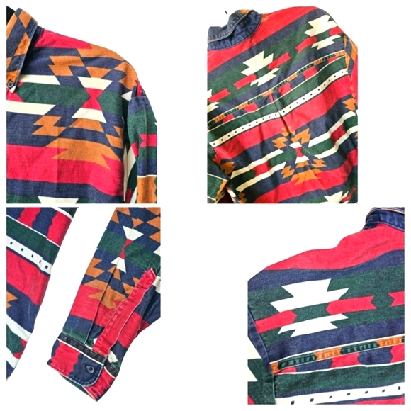 Vintage Men's New River J. Riggings Western Aztec Denim Longsleeve Button Up Top - Picture 11 of 13